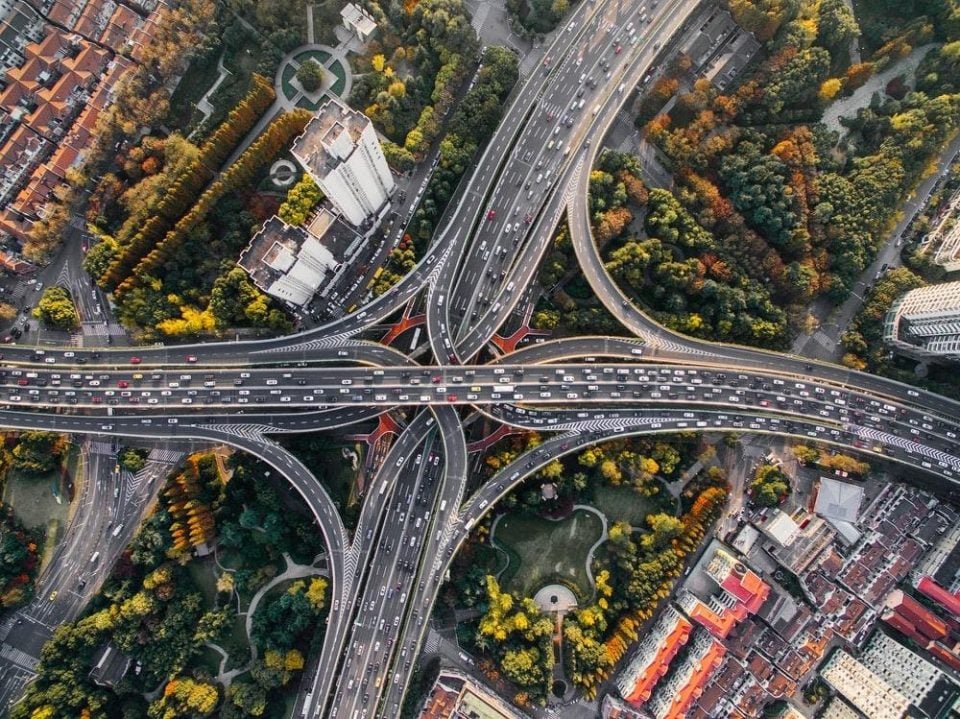 Aerial view of motorway intersection