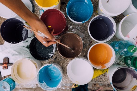 Pots of different coloured paints