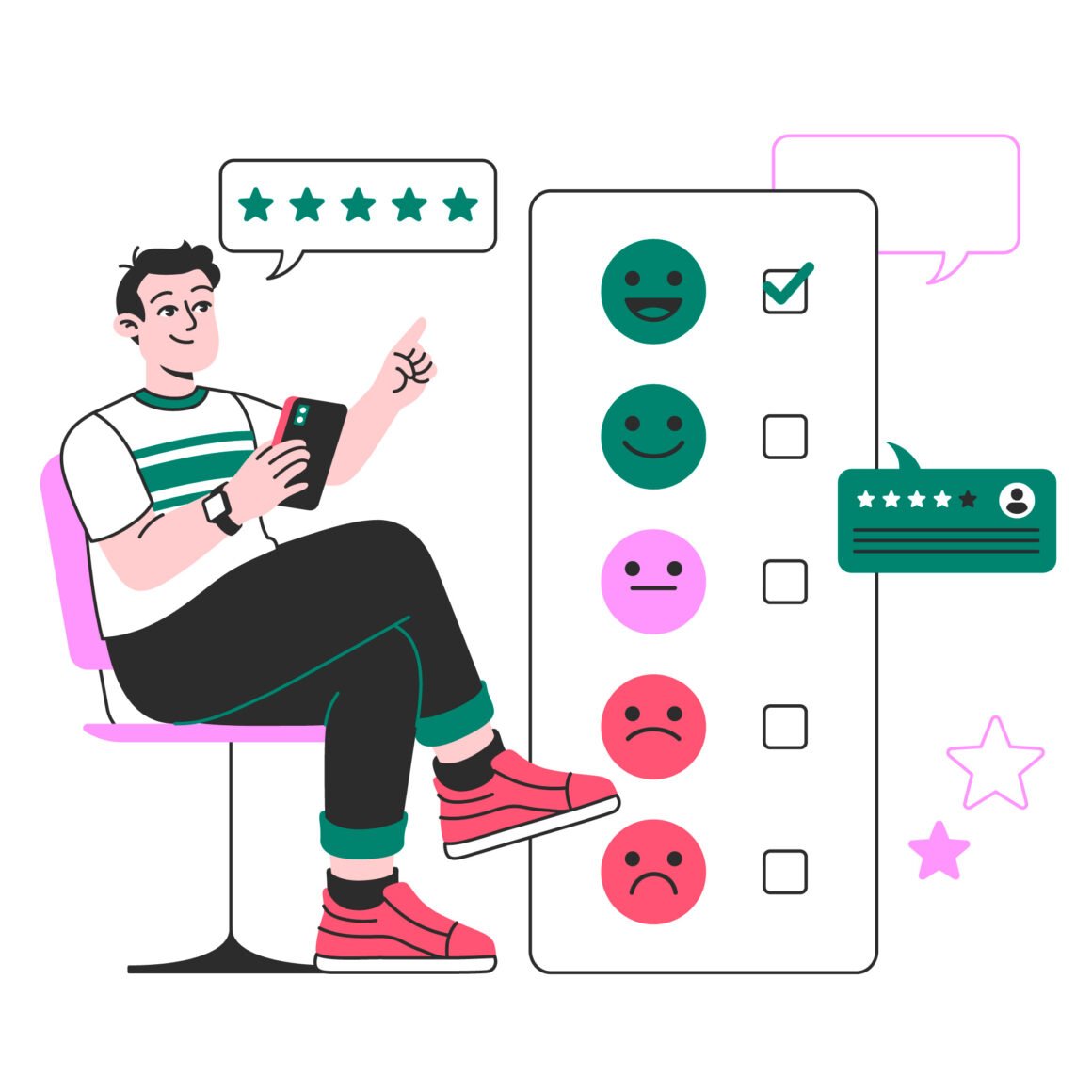 A vector illustrator with a man sat on a chair holding a phone looking at the scale of satisfaction rating which stars with a green smile face down to a red sad face
