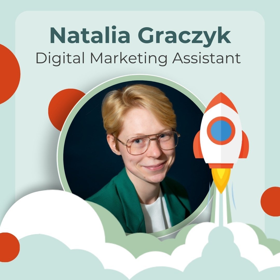 A design with a centralised circle with a portrait of a young blonde woman wearing glasses smiling. The graphic has a name written down, Natalia Graczyk, and the occupation, Digital Marketing Assistant. There is also an icon of a launched rocket to represent BrightMinded 