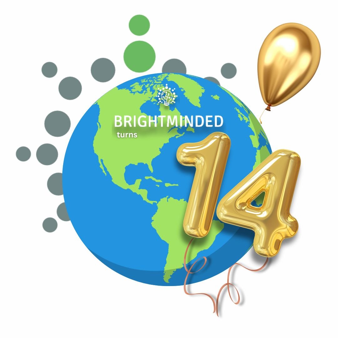 An image of Earth with a big 14 gold balloon and another balloon. The BrightMinded logo is on top