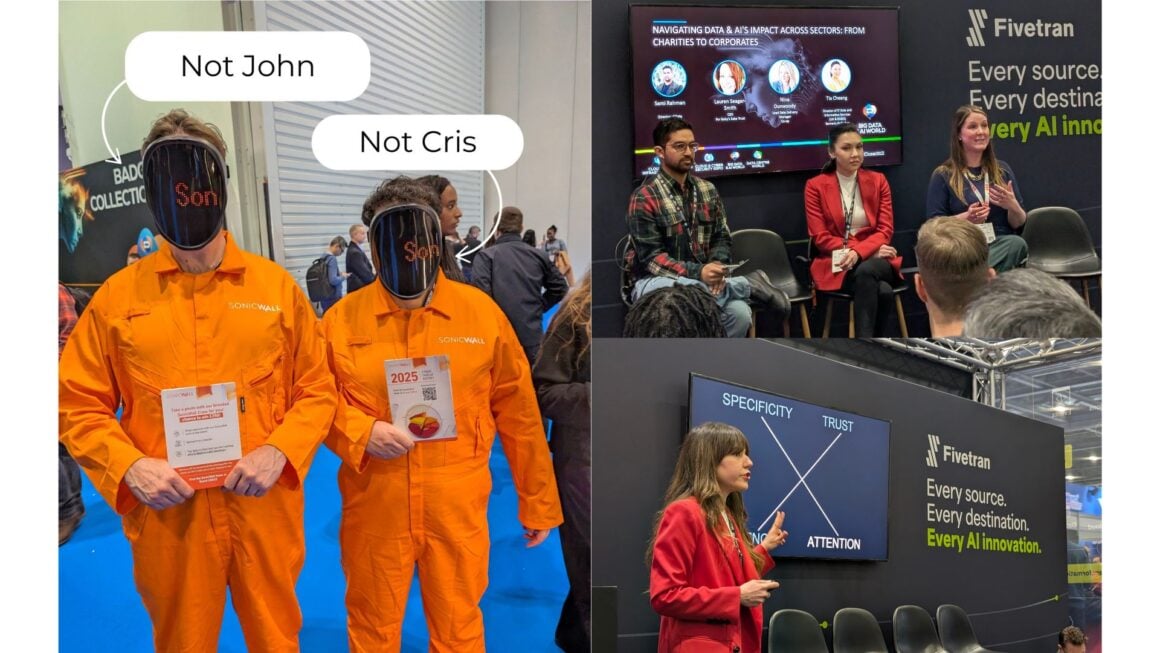 A collage of speakers at an event with speaker pictures on the right hand side and on the left a stand where there are two people in orange full body suits and masks hiding the faces. 