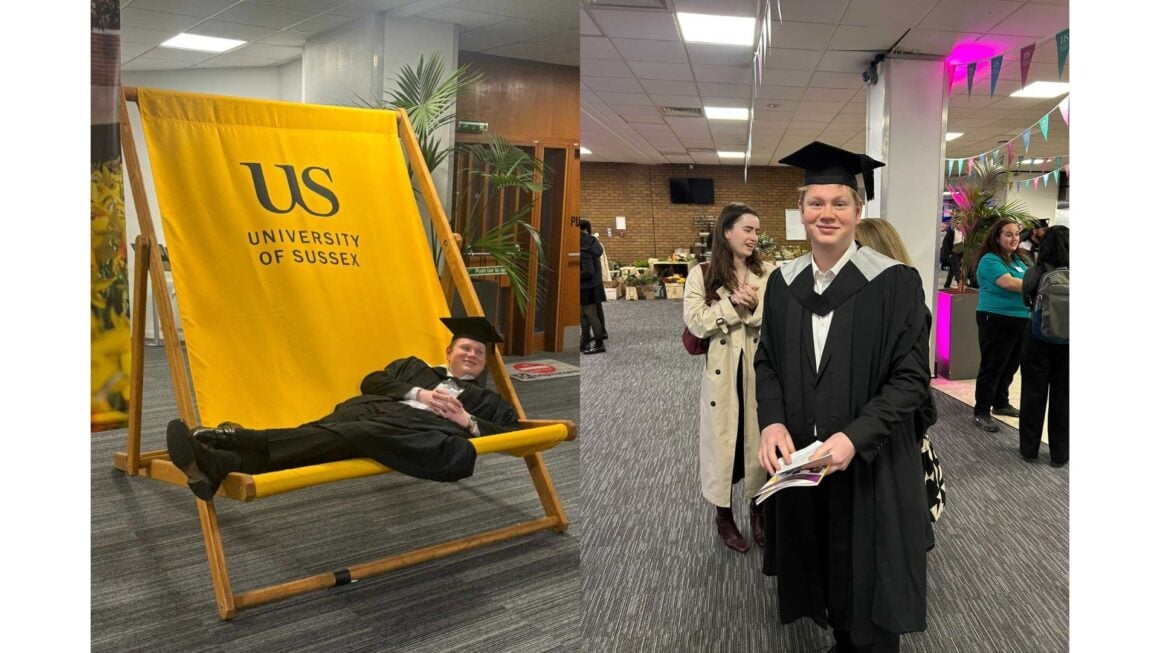 A two picture collage both displaying a young man in a graduation gown and cap. On the left, he is laying down on a large yellow chair with the logo of the University of Sussex. On the right he is stood up smiling at the camera 