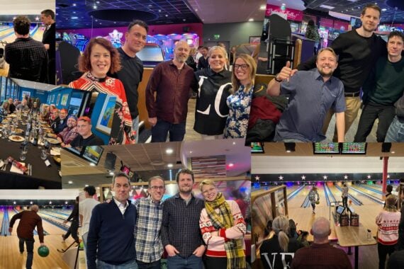 A collage of work colleagues at bowling.