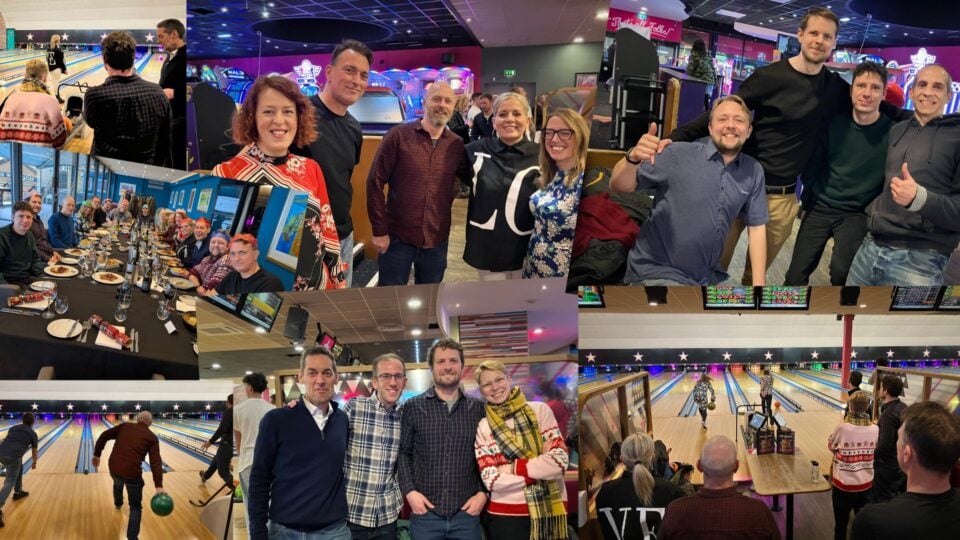 A collage of work colleagues at bowling.