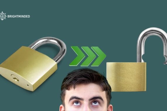 A man's head at the bottom of the image looking up at 2 locks. One locked and the other unlocked