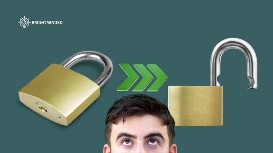 A man's head at the bottom of the image looking up at 2 locks. One locked and the other unlocked