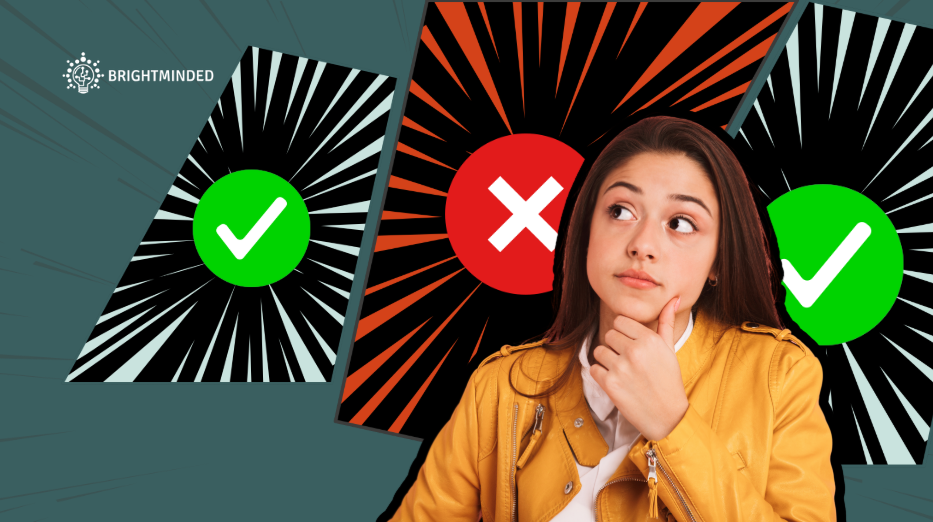 A woman in a yellow jacket is pondering and looking up. Behind her there are 3 blocks, 2 with green ticks, one with a red cross
