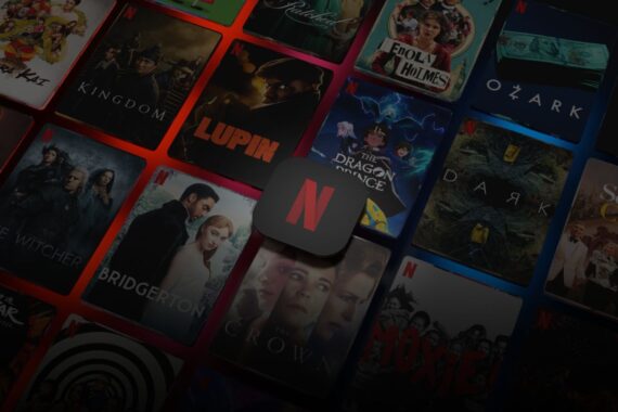 An array of netflix shows posters with the netflix logo in the middle